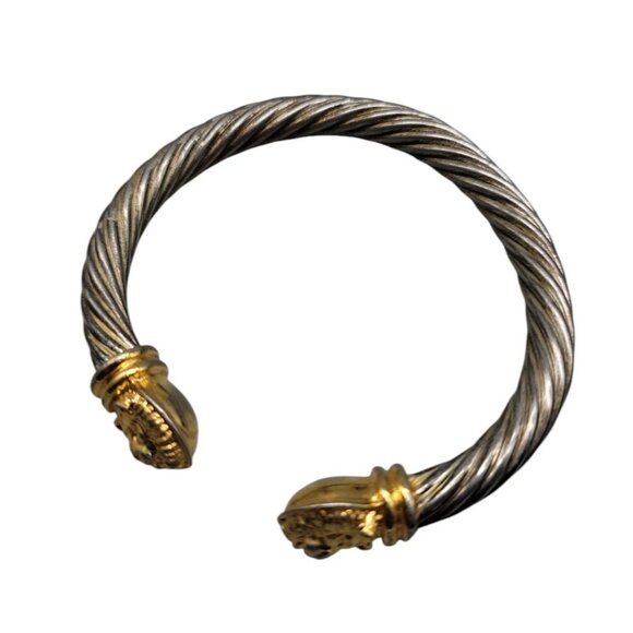 Twisted Cable Open Cuff Bracelet Lion Head End Caps Adjustable Silver/Gold Tone - Picture 2 of 16